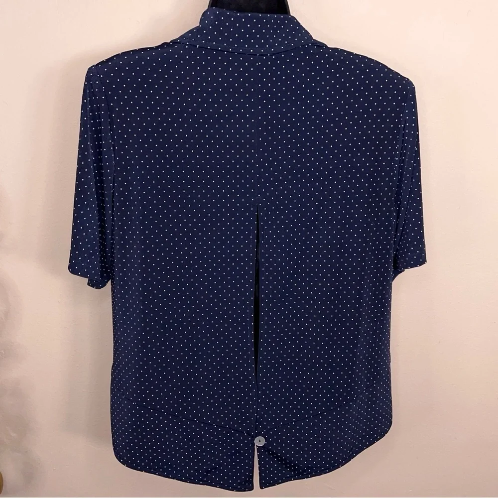 Vintage Medium Ronni Nicole Blue White Dot Print Short Sleeve Stretch Retro